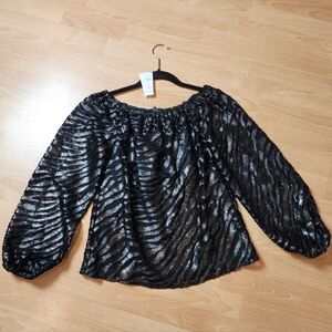 NWT WHBM On/Off Shoulder Black Silver Metallic Zebra Burnout Textured Top XS